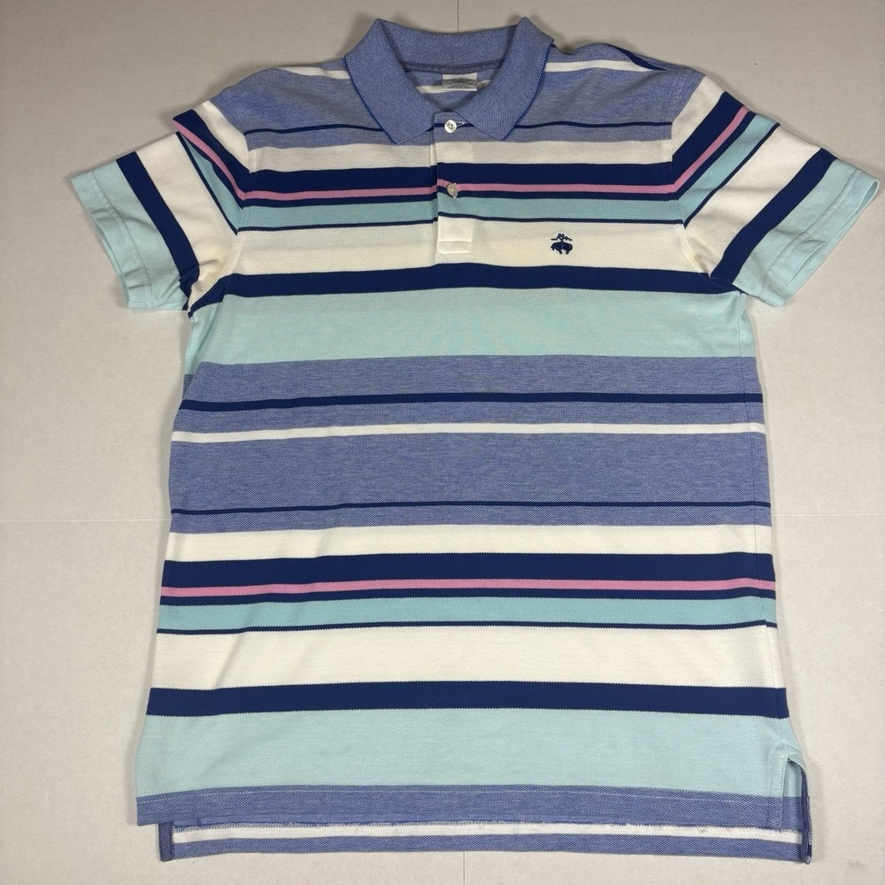 Brooks Brothers Performance Polo Mens‎ M Blue Striped Slim Fit Short Sleeve